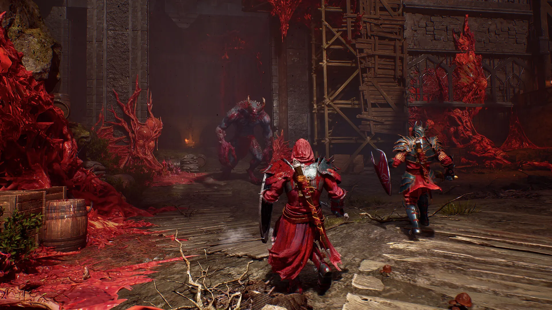 Two armored Nephilim confront a demon in a corrupted Gildenarch ward