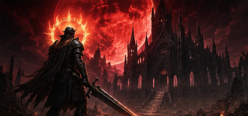 A dark knight faces a gothic cathedral beneath a crimson moon